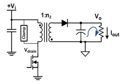 使用一个MOSFET开关和一个反激变换器的反激变换器示意图